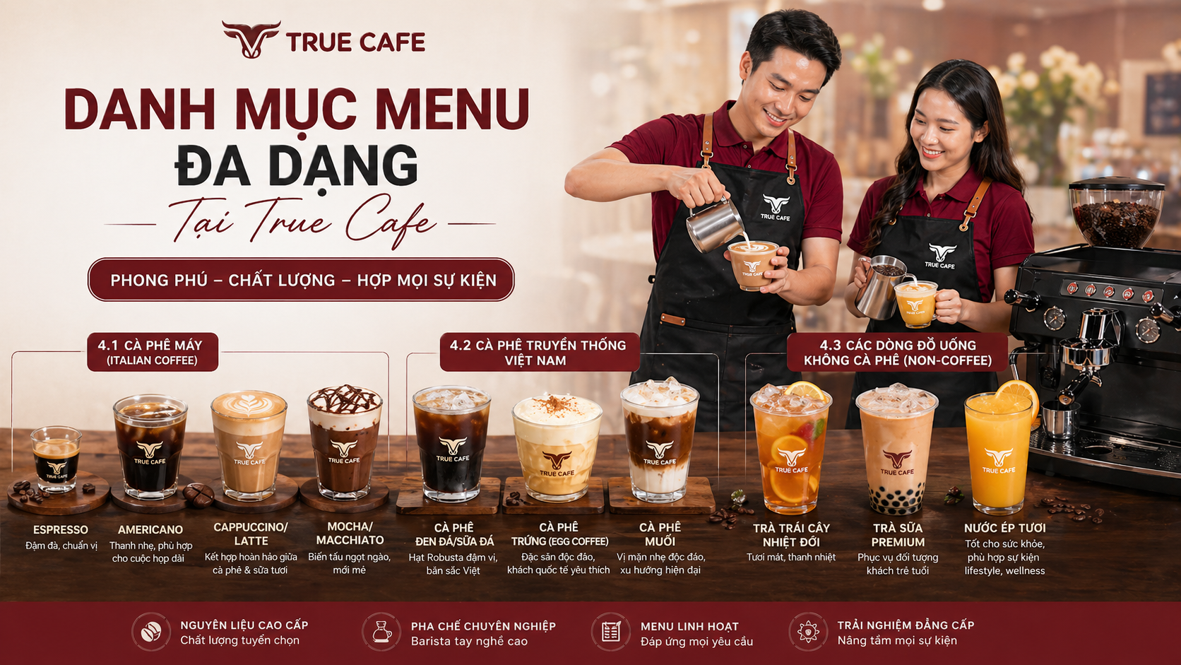 Danh mục menu cà phê sự kiện True Cafe