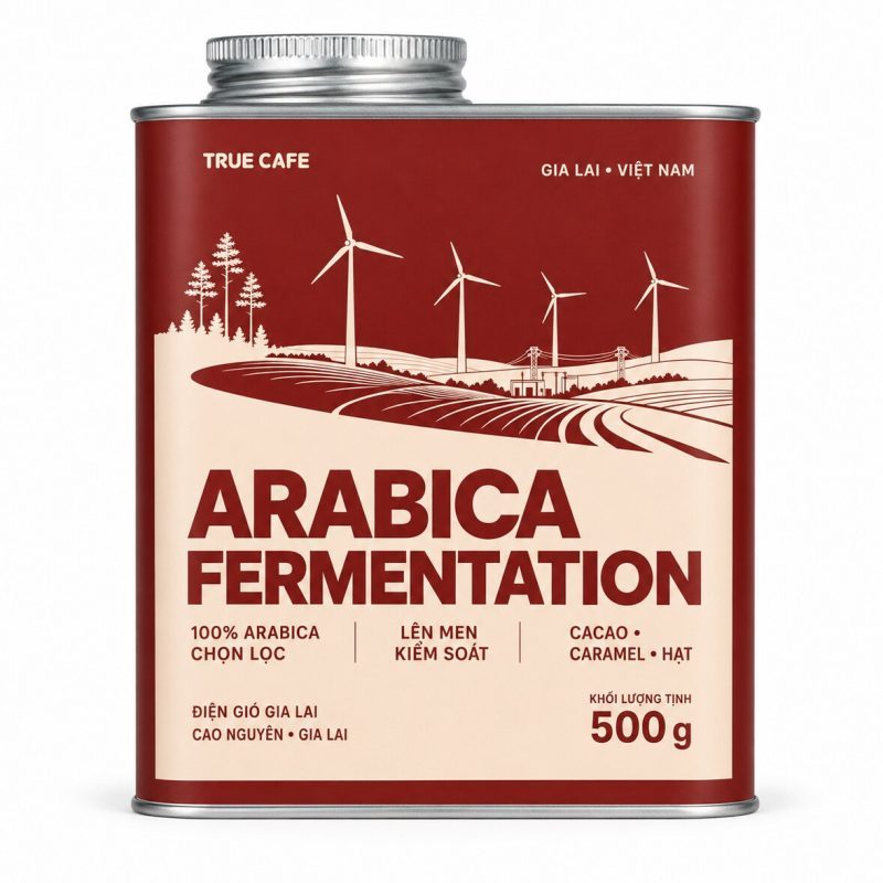 Lon cà phê Arabica Fermentation True Cafe in hình cánh đồng điện gió Gia Lai