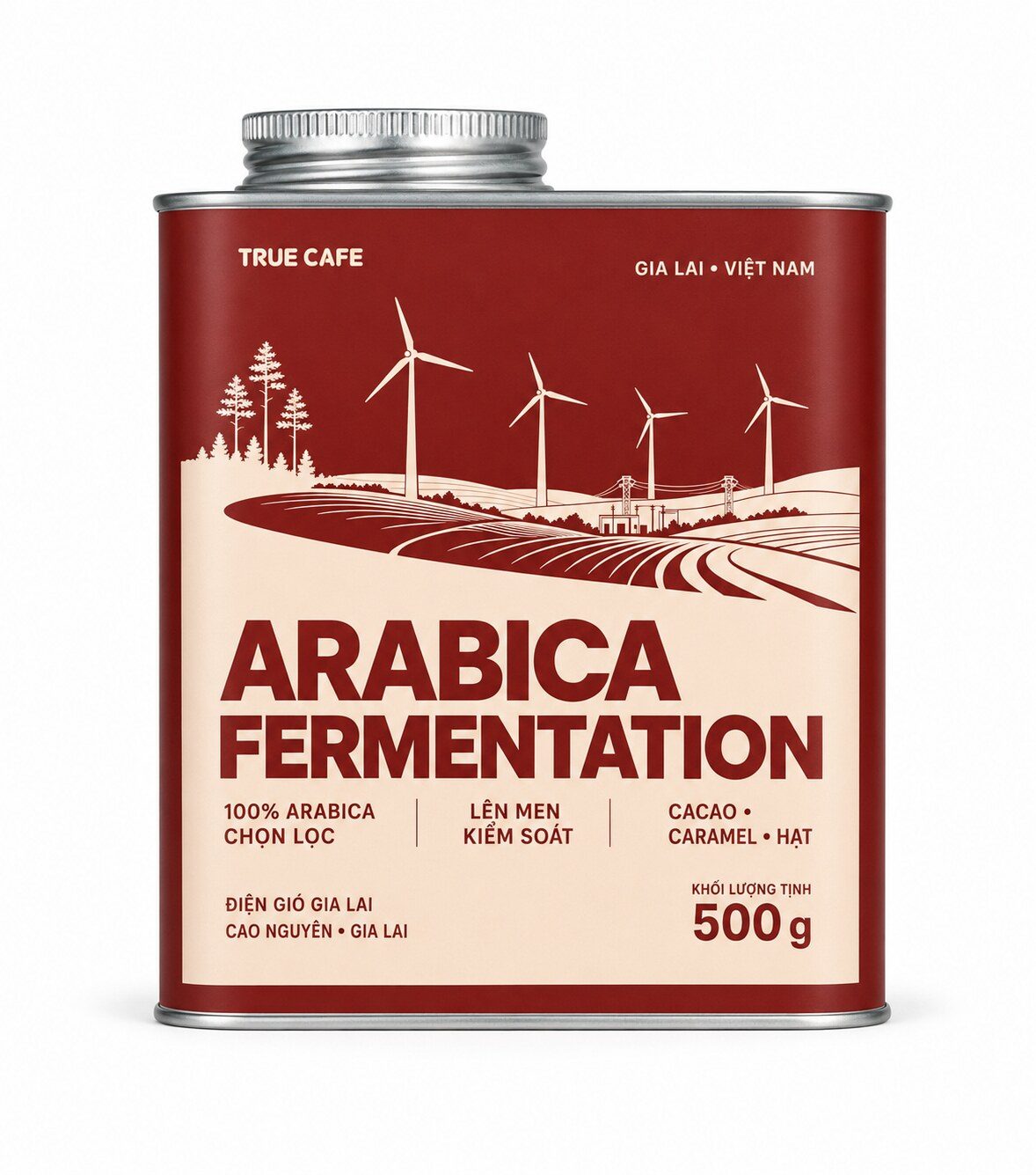 Lon cà phê Arabica Fermentation True Cafe in hình cánh đồng điện gió Gia Lai Lon cà phê Arabica Fermentation True Cafe in hình cánh đồng điện gió Gia Lai
