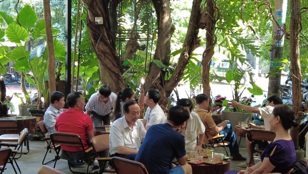 Khu ngồi sân vườn dưới tán cây của quán cà phê dùng cà phê True Cafe, khách kín bàn