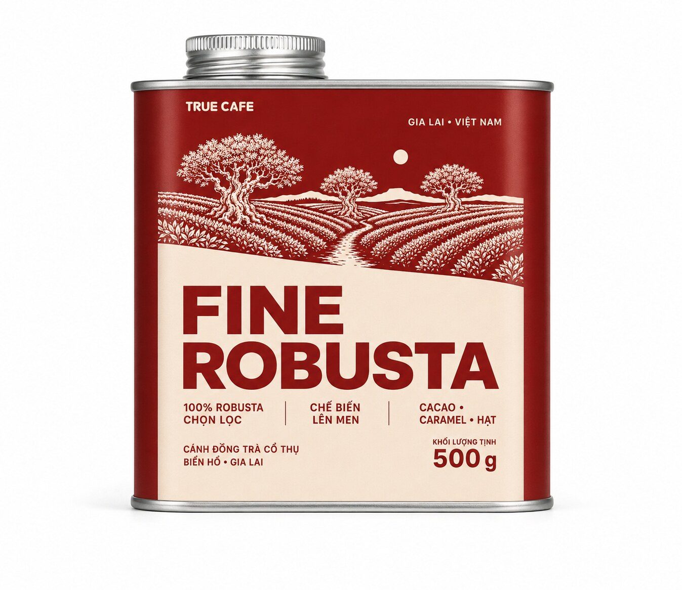 Lon cà phê Fine Robusta True Cafe in hình cánh đồng trà cổ thụ Biển Hồ, Gia Lai Lon cà phê Fine Robusta True Cafe in hình cánh đồng trà cổ thụ Biển Hồ, Gia Lai