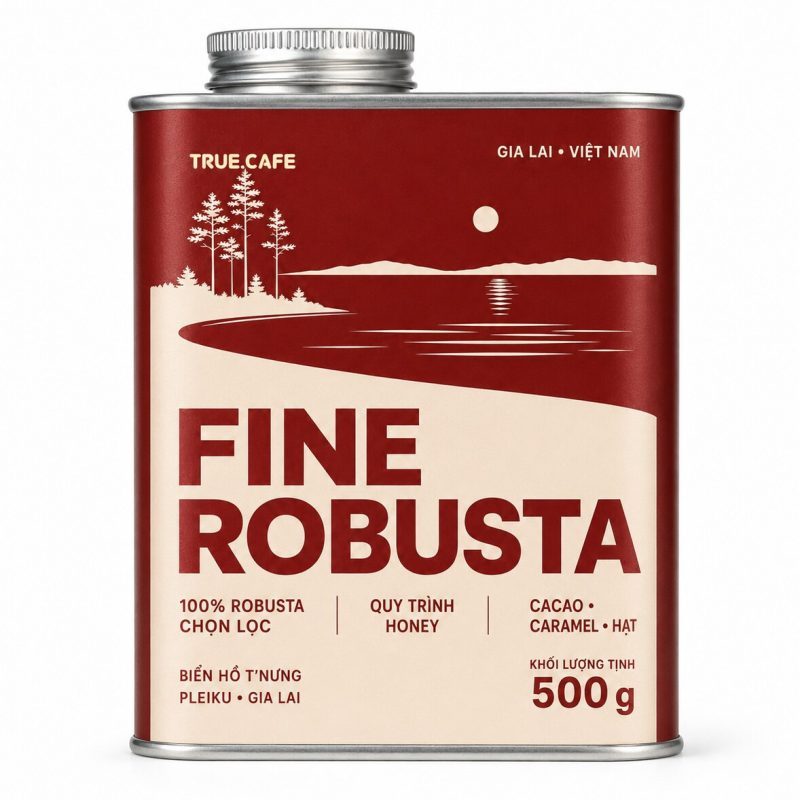 Lon cà phê Fine Robusta True Cafe in hình Biển Hồ T’Nưng, Pleiku, Gia Lai
