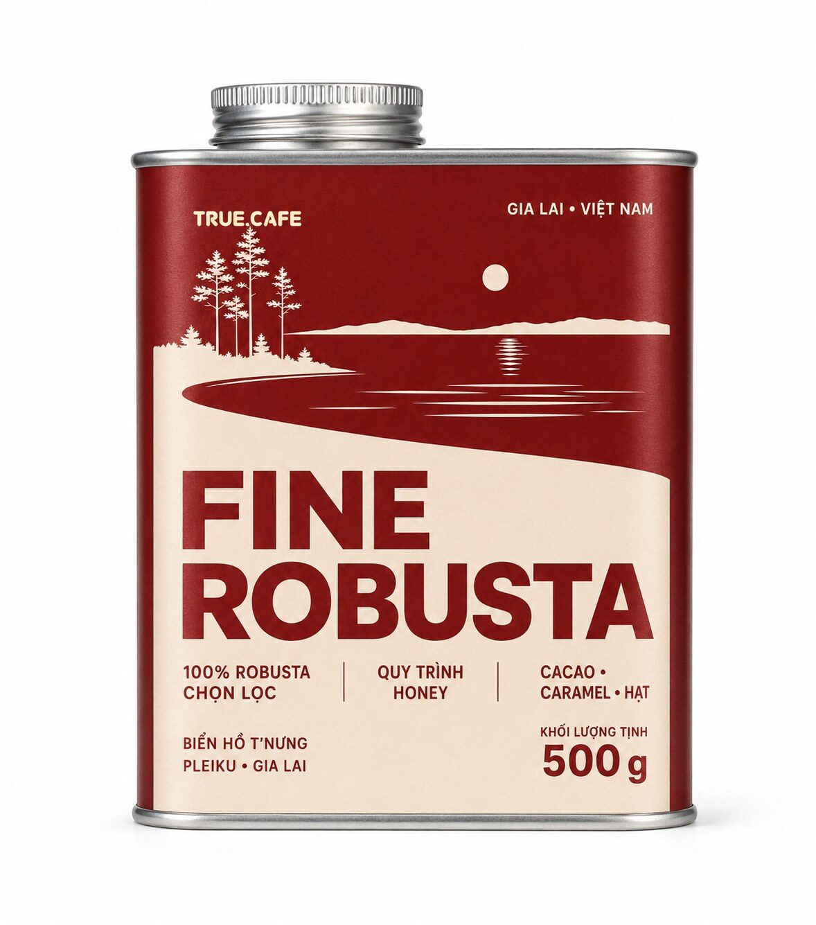Lon cà phê Fine Robusta True Cafe in hình Biển Hồ T’Nưng, Pleiku, Gia Lai Lon cà phê Fine Robusta True Cafe in hình Biển Hồ T’Nưng, Pleiku, Gia Lai
