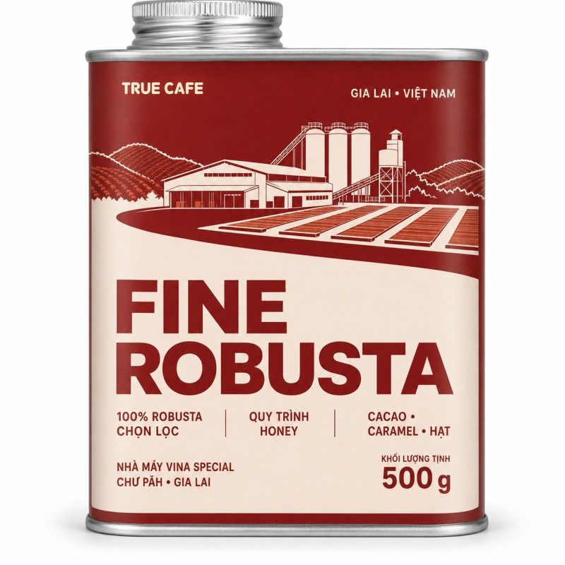 Lon cà phê Fine Robusta True Cafe in hình nhà máy Vina Special, Chư Păh, Gia Lai