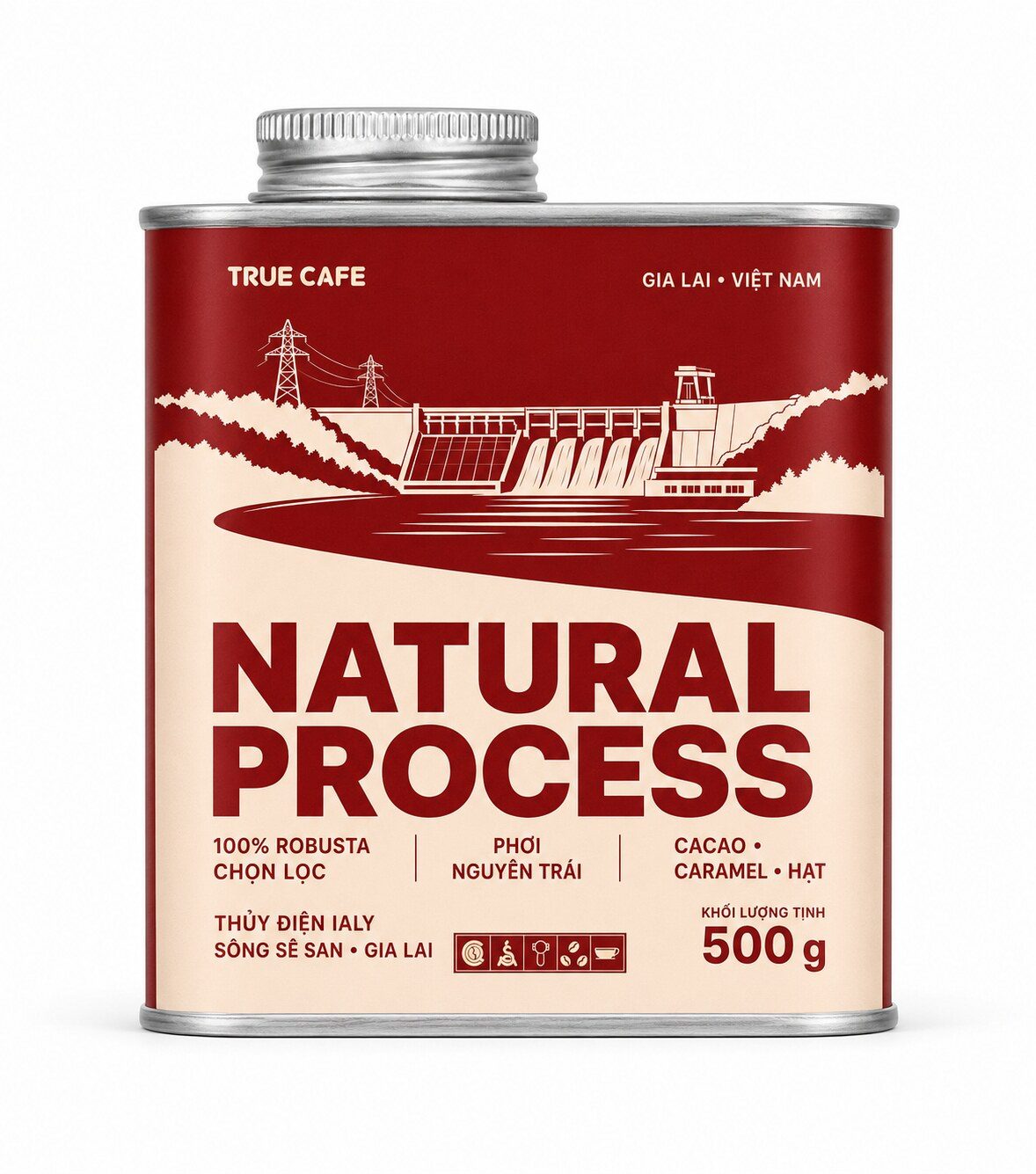 Lon cà phê Natural Process True Cafe in hình thuỷ điện Ialy trên sông Sê San, Gia Lai Lon cà phê Natural Process True Cafe in hình thuỷ điện Ialy trên sông Sê San, Gia Lai