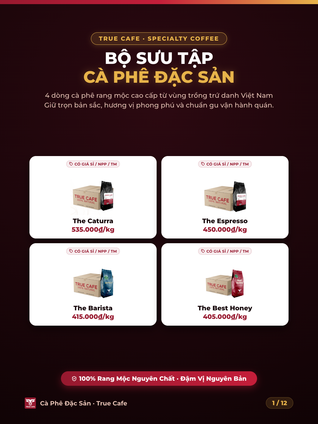 Bộ sưu tập cà phê đặc sản True Cafe gồm 4 dòng hạt The Caturra, The Espresso Vietnam, The Barista, The Best Honey cho quán cà phê