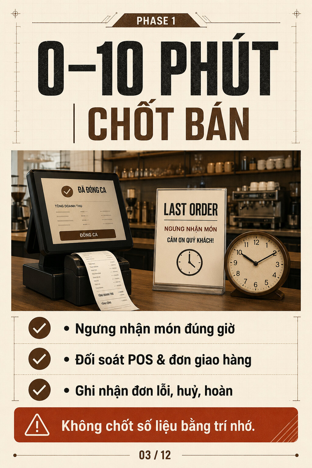 Máy POS in báo cáo cuối ngày bên cạnh bảng last order và đồng hồ để bàn tại quầy pha chế