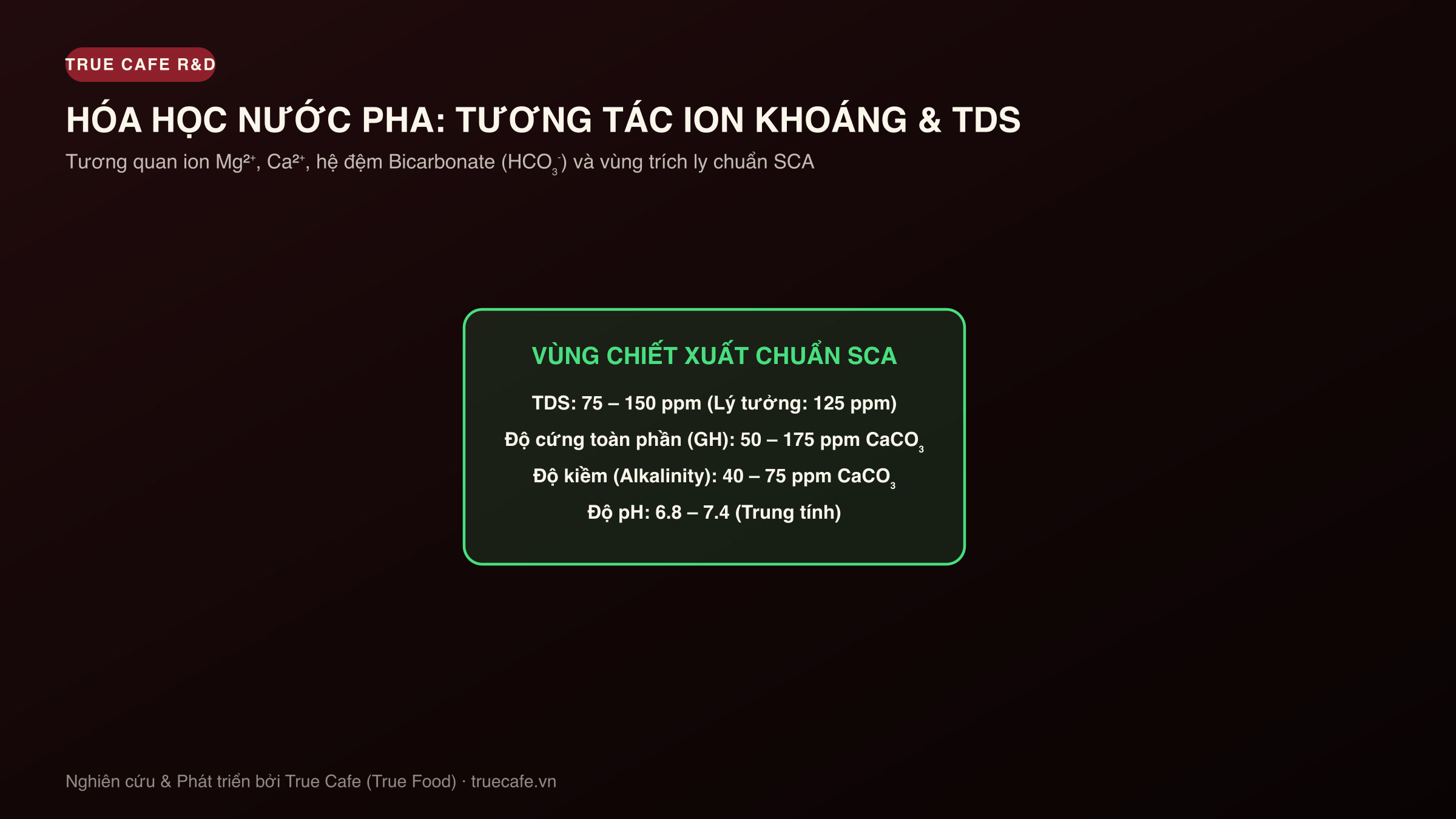 Sơ đồ hóa học nước pha cà phê: Tương tác ion Mg2+, Ca2+, độ kiềm HCO3- và vùng chiết xuất tối ưu chuẩn SCA