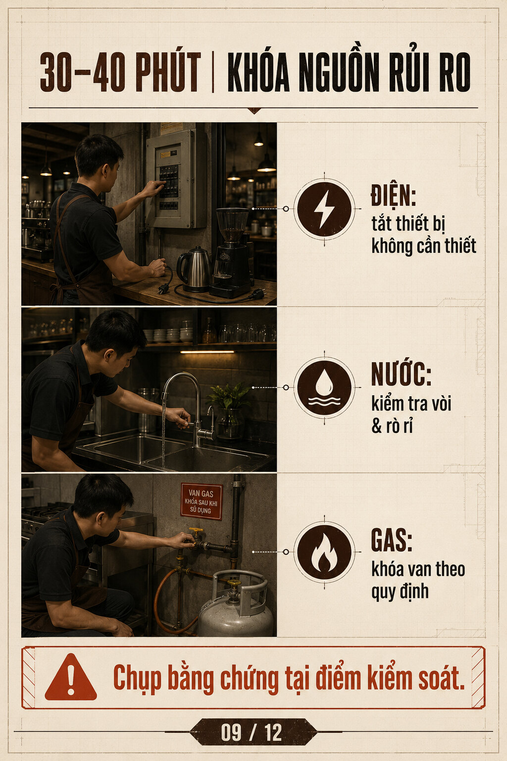 Nhân viên ngắt cầu dao điện, kiểm tra vòi nước và khoá van gas trước khi rời quán Nhân viên ngắt cầu dao điện, kiểm tra vòi nước và khoá van gas trước khi rời quán