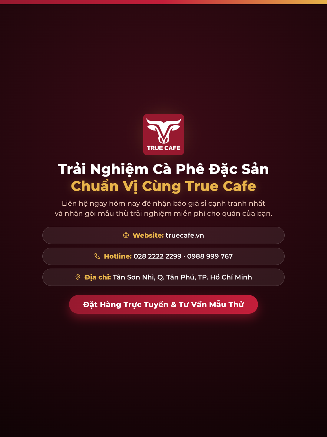 Banner liên hệ True Cafe nhận mẫu thử cà phê đặc sản miễn phí và tư vấn giải pháp quầy bar cho chủ quán