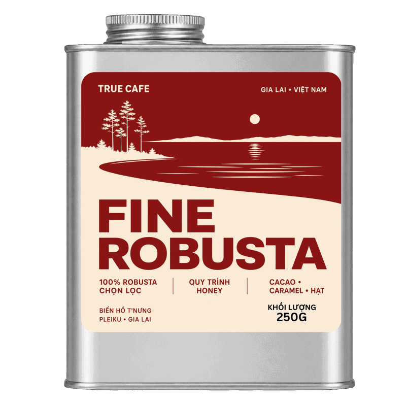 Lon cà phê Fine Robusta True Cafe 250 g in hình Biển Hồ T’Nưng, Pleiku, Gia Lai