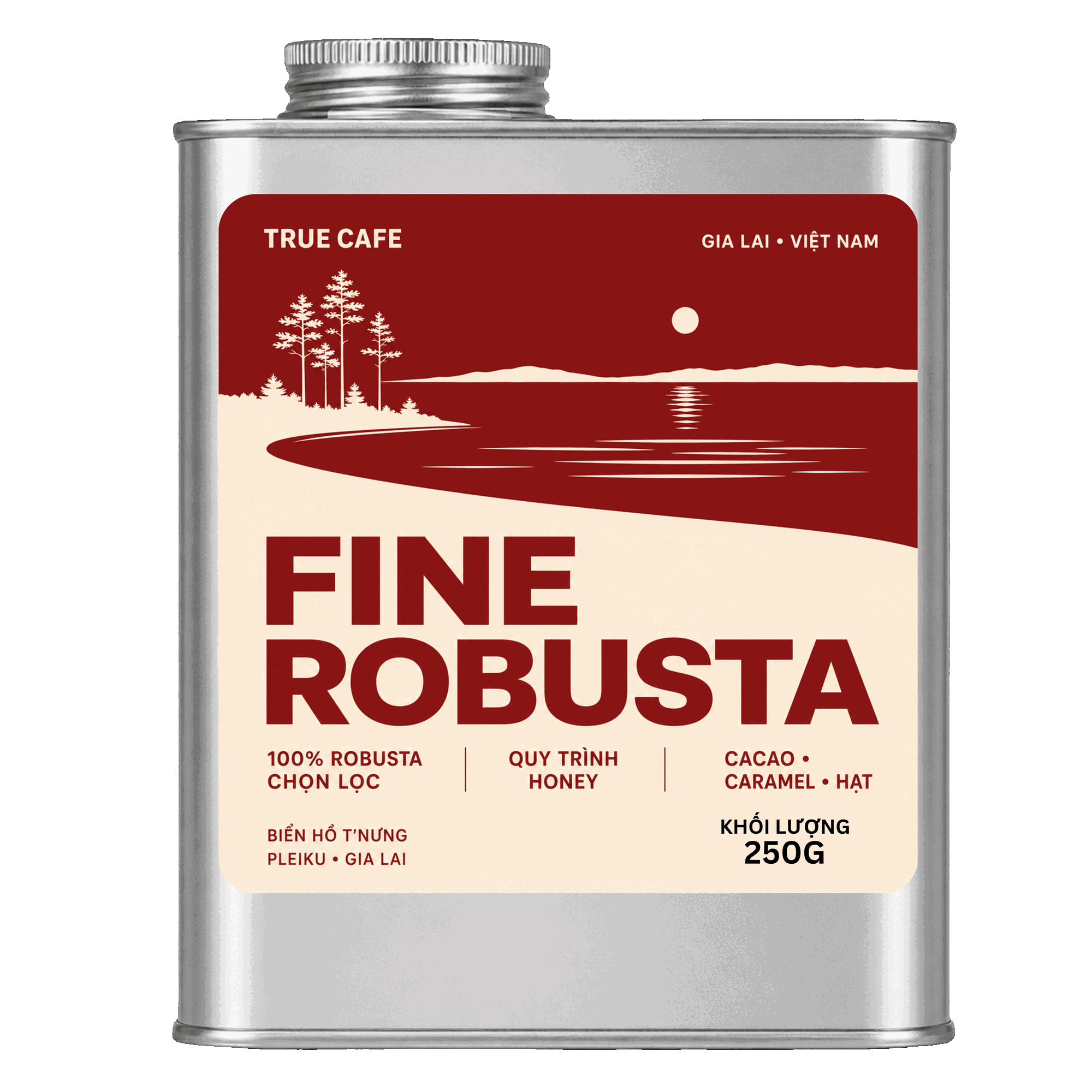 Lon cà phê Fine Robusta True Cafe 250 g in hình Biển Hồ T’Nưng, Pleiku, Gia Lai Lon cà phê Fine Robusta True Cafe 250 g in hình Biển Hồ T’Nưng, Pleiku, Gia Lai