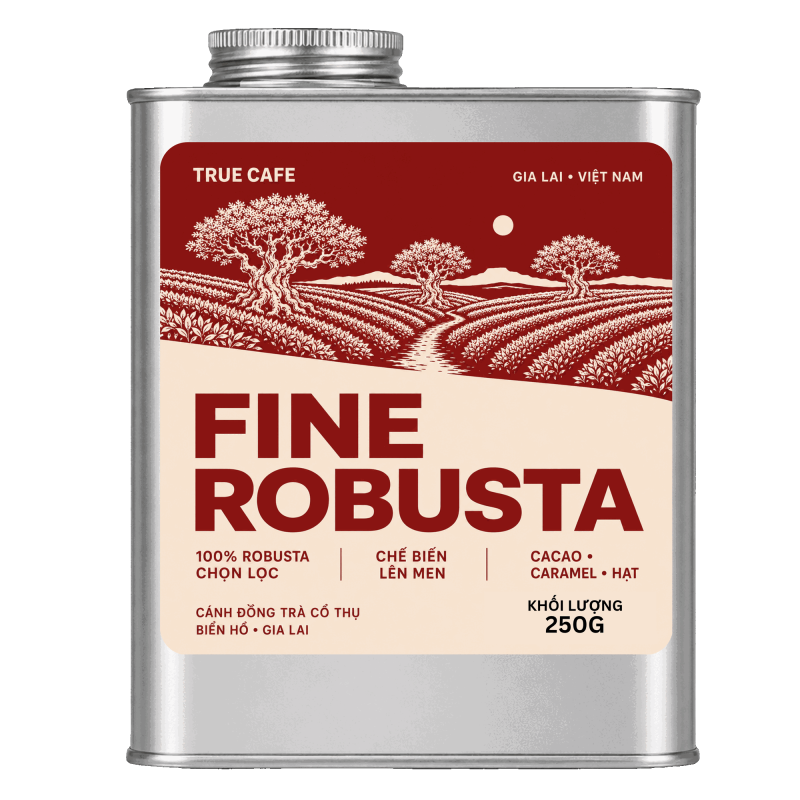 Lon cà phê Fine Robusta True Cafe 250 g in hình cánh đồng trà cổ thụ Biển Hồ, Gia Lai