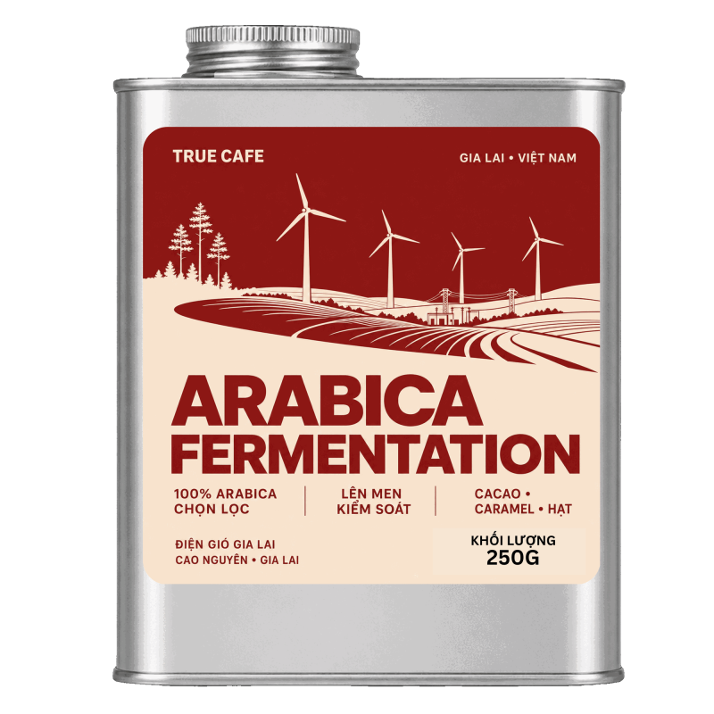 Lon cà phê Arabica Fermentation True Cafe 250 g in hình điện gió Gia Lai