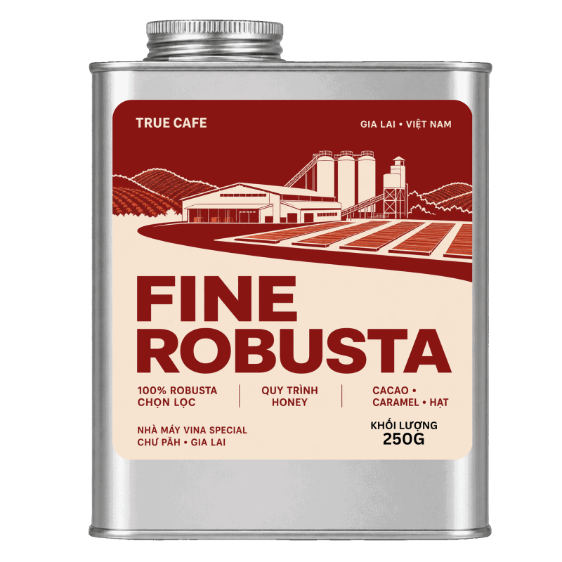 Lon cà phê Fine Robusta True Cafe 250 g in hình nhà máy Vina Special, Chư Păh, Gia Lai