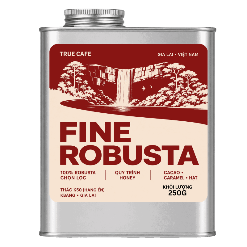 Lon cà phê Fine Robusta True Cafe 250 g in hình thác K50 Hang Én, Kbang, Gia Lai