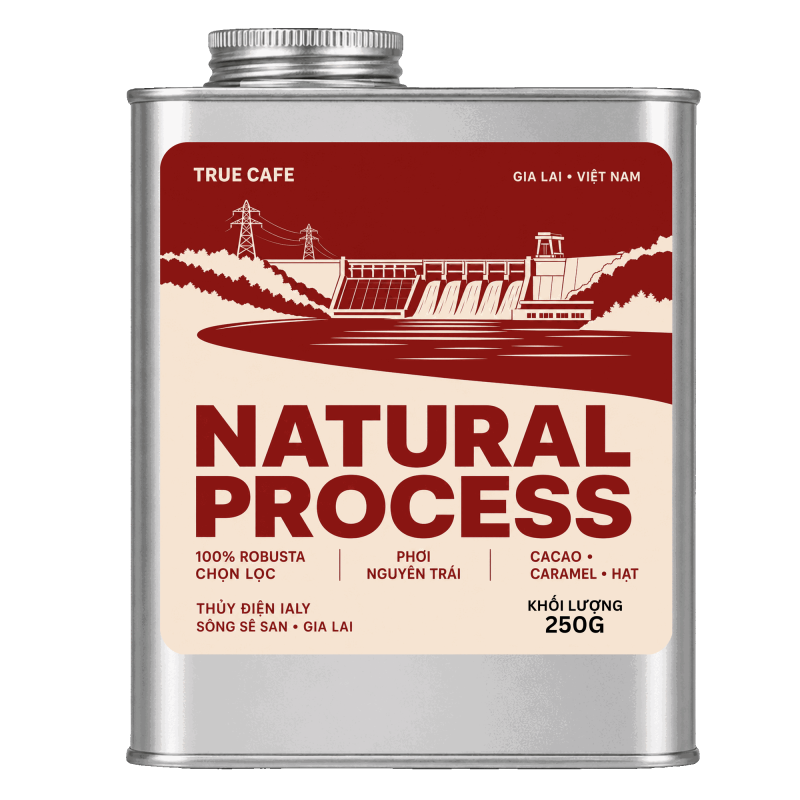 Lon cà phê Natural Process True Cafe 250 g in hình thuỷ điện Ialy, sông Sê San, Gia Lai