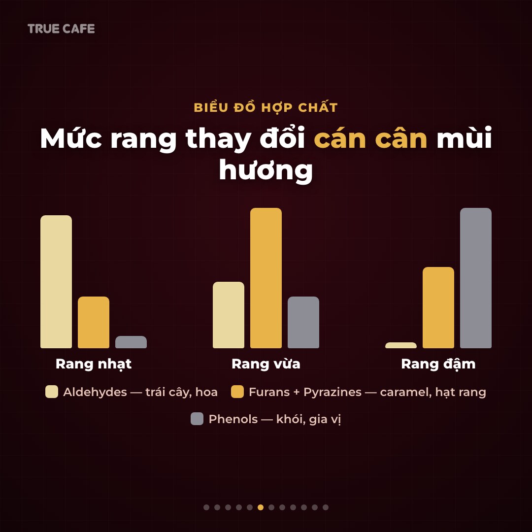 Biểu đồ cột thể hiện tỷ trọng aldehydes, furans pyrazines và phenols thay đổi theo mức rang nhạt, vừa, đậm Biểu đồ cột thể hiện tỷ trọng aldehydes, furans pyrazines và phenols thay đổi theo mức rang nhạt, vừa, đậm