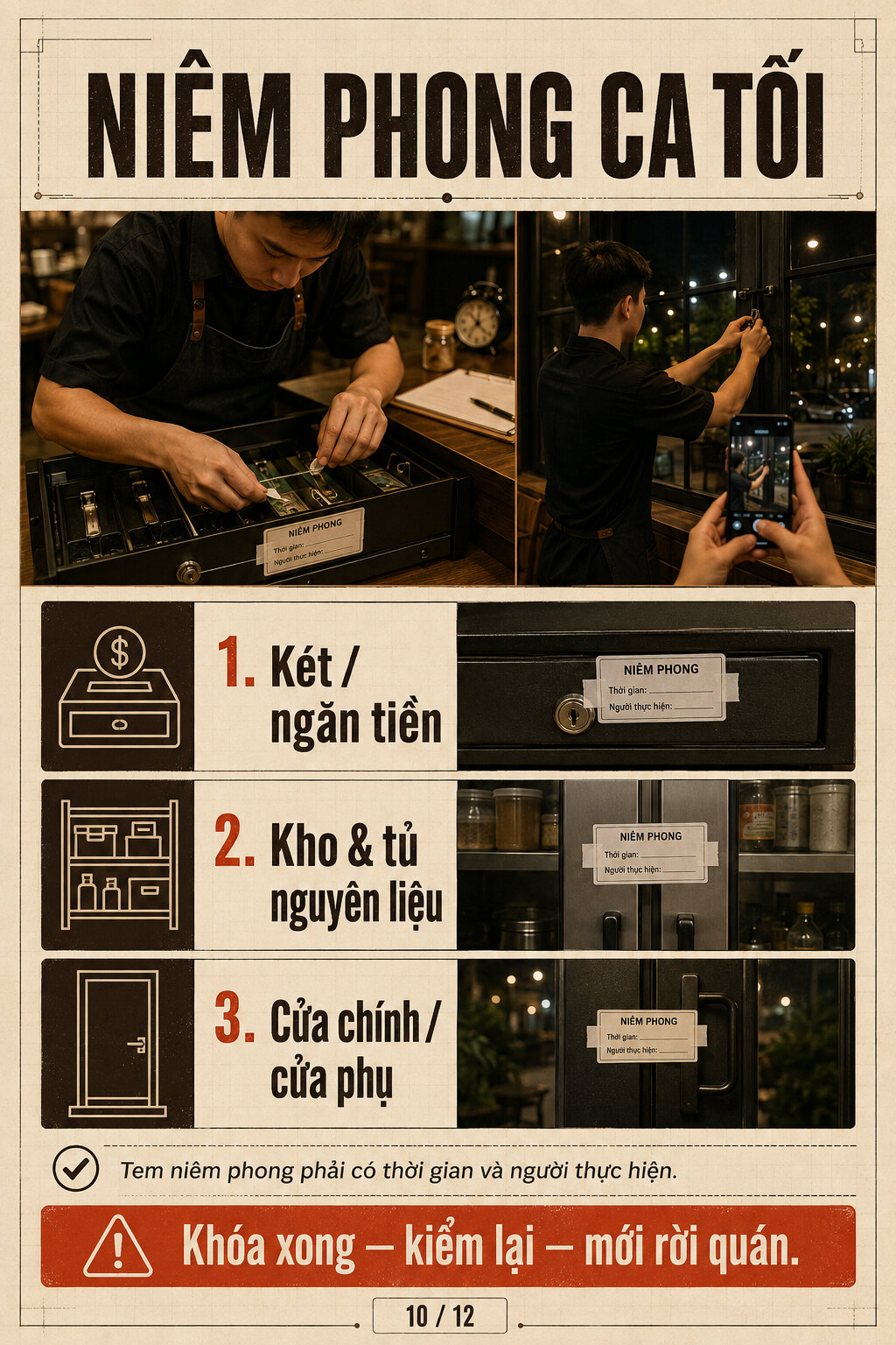 Dán tem niêm phong lên ngăn tiền, tủ nguyên liệu và cửa quán, có chụp ảnh lại bằng điện thoại