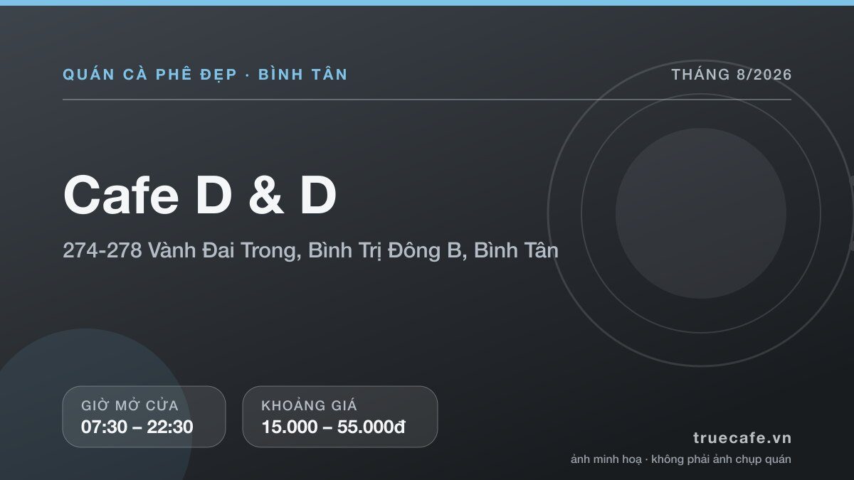 Card thông tin quán cà phê Cafe D & D tại 274-278 Vành Đai Trong, Bình Trị Đông B, Bình Tân, mở cửa 07:30 – 22:30, khoảng giá 15.000 – 55.000đ