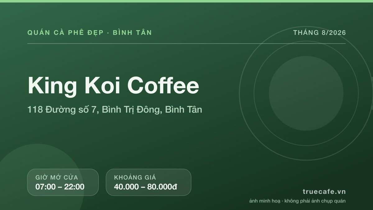 Card thông tin quán cà phê King Koi Coffee tại 118 Đường số 7, Bình Trị Đông, Bình Tân, mở cửa 07:00 – 22:00, khoảng giá 40.000 – 80.000đ