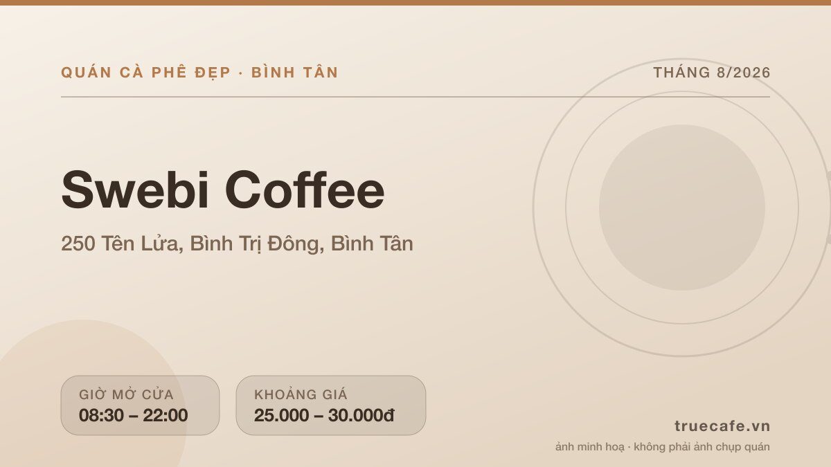 Card thông tin quán cà phê Swebi Coffee tại 250 Tên Lửa, Bình Trị Đông, Bình Tân, mở cửa 08:30 – 22:00, khoảng giá 25.000 – 30.000đ
