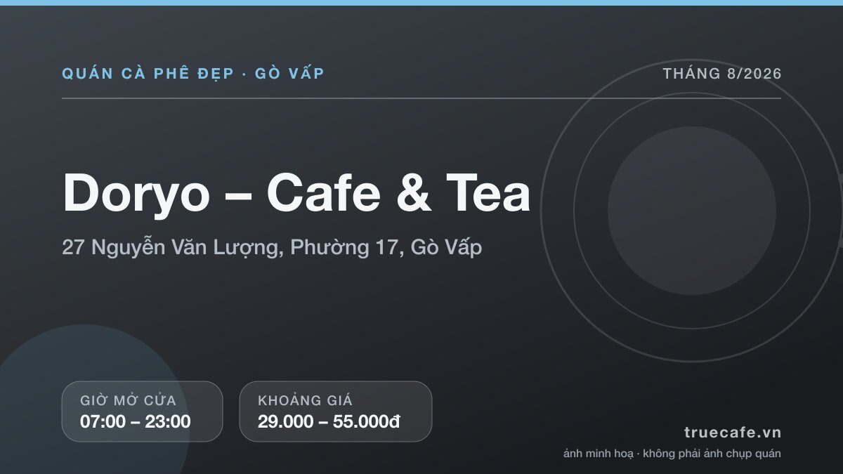 Card thông tin quán cà phê Doryo – Cafe & Tea tại 27 Nguyễn Văn Lượng, Phường 17, Gò Vấp, mở cửa 07:00 – 23:00, khoảng giá 29.000 – 55.000đ Card thông tin quán cà phê Doryo – Cafe & Tea tại 27 Nguyễn Văn Lượng, Phường 17, Gò Vấp, mở cửa 07:00 – 23:00, khoảng giá 29.000 – 55.000đ