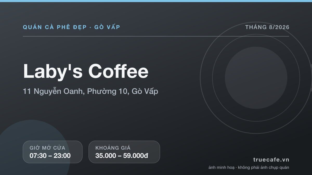 Card thông tin quán cà phê Laby Card thông tin quán cà phê Laby's Coffee tại 11 Nguyễn Oanh, Phường 10, Gò Vấp, mở cửa 07:30 – 23:00, khoảng giá 35.000 – 59.000đ