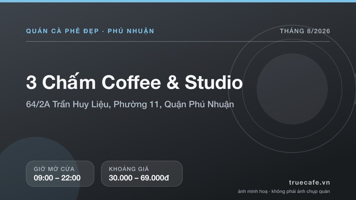Card thông tin quán cà phê 3 Chấm Coffee & Studio tại 64/2A Trần Huy Liệu, Phường 11, Quận Phú Nhuận, mở cửa 09:00 – 22:00, khoảng giá 30.000 – 69.000đ Card thông tin quán cà phê 3 Chấm Coffee & Studio tại 64/2A Trần Huy Liệu, Phường 11, Quận Phú Nhuận, mở cửa 09:00 – 22:00, khoảng giá 30.000 – 69.000đ