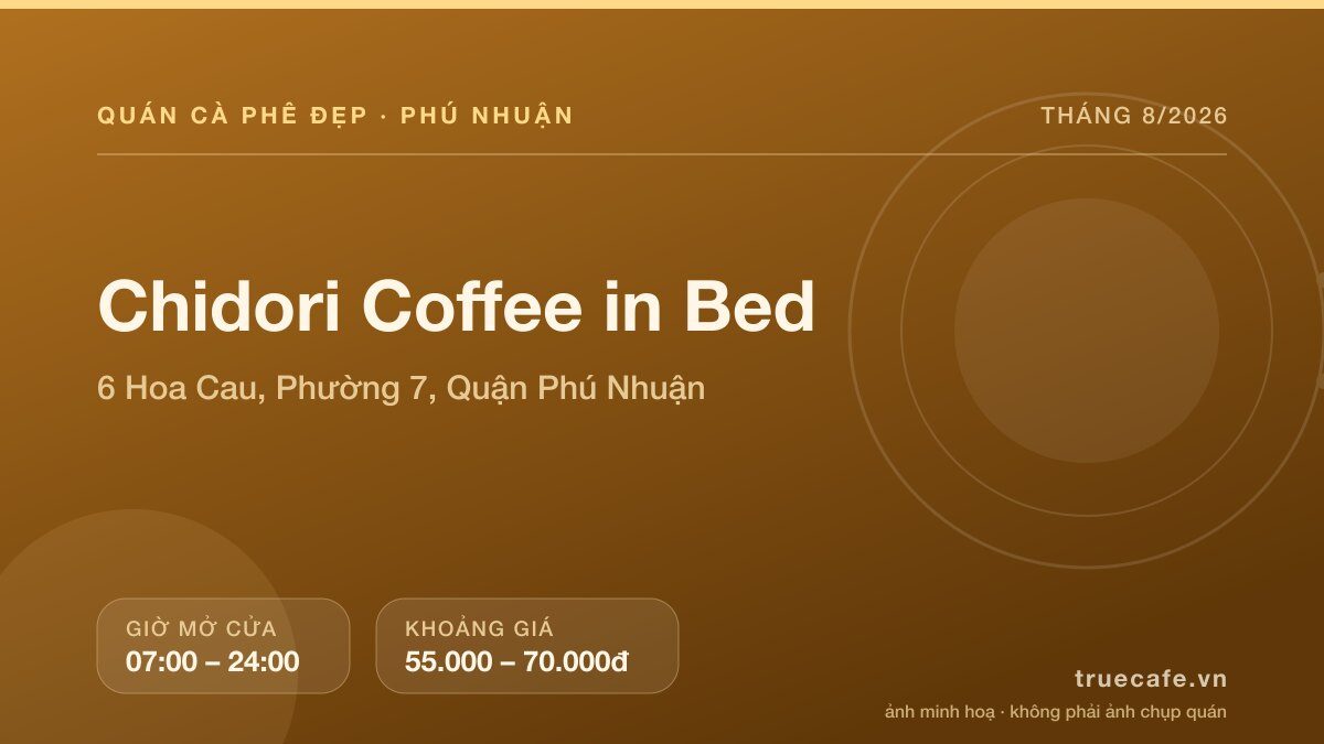Card thông tin quán cà phê Chidori Coffee in Bed tại 6 Hoa Cau, Phường 7, Quận Phú Nhuận, mở cửa 07:00 – 24:00, khoảng giá 55.000 – 70.000đ Card thông tin quán cà phê Chidori Coffee in Bed tại 6 Hoa Cau, Phường 7, Quận Phú Nhuận, mở cửa 07:00 – 24:00, khoảng giá 55.000 – 70.000đ