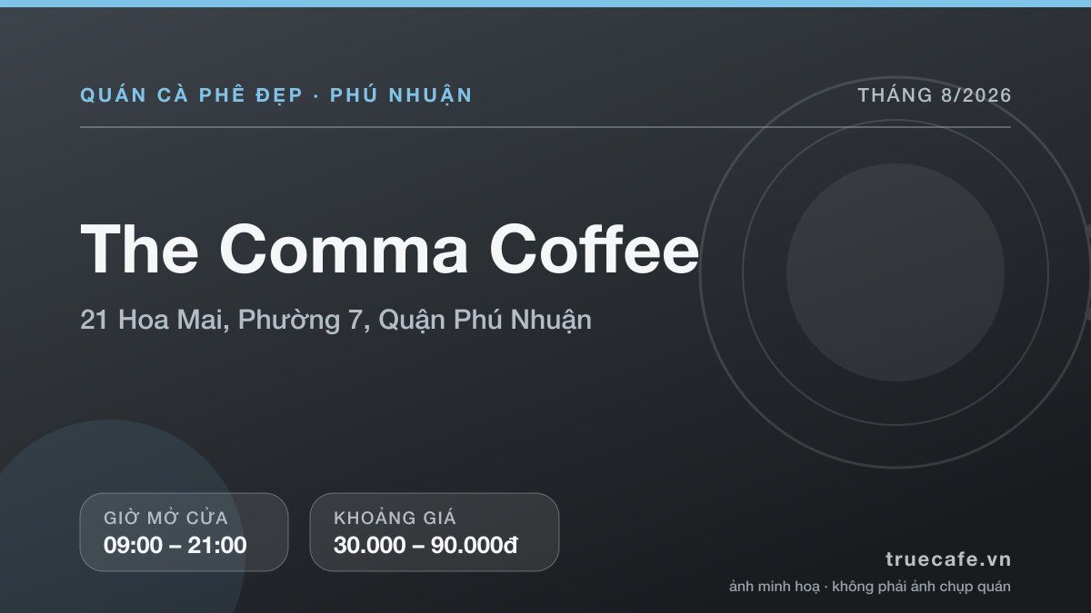 Card thông tin quán cà phê The Comma Coffee tại 21 Hoa Mai, Phường 7, Quận Phú Nhuận, mở cửa 09:00 – 21:00, khoảng giá 30.000 – 90.000đ Card thông tin quán cà phê The Comma Coffee tại 21 Hoa Mai, Phường 7, Quận Phú Nhuận, mở cửa 09:00 – 21:00, khoảng giá 30.000 – 90.000đ