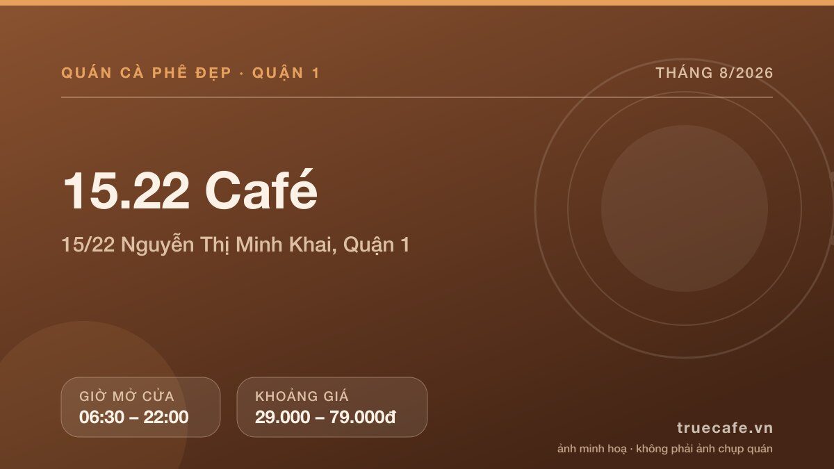 Card thông tin quán cà phê 15.22 Café tại 15/22 Nguyễn Thị Minh Khai, Quận 1, mở cửa 06:30 – 22:00, khoảng giá 29.000 – 79.000đ