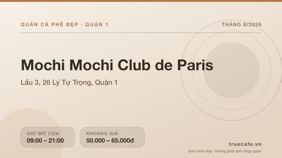 Card thông tin quán cà phê Mochi Mochi Club de Paris tại Lầu 3, 26 Lý Tự Trọng, Quận 1, mở cửa 09:00 – 21:00, khoảng giá 50.000 – 65.000đ