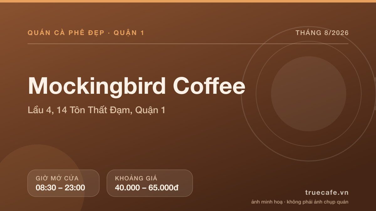 Card thông tin quán cà phê Mockingbird Coffee tại Lầu 4, 14 Tôn Thất Đạm, Quận 1, mở cửa 08:30 – 23:00, khoảng giá 40.000 – 65.000đ