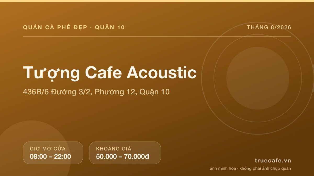 Card thông tin quán cà phê Tượng Cafe Acoustic tại 436B/6 Đường 3/2, Phường 12, Quận 10, mở cửa 08:00 – 22:00, khoảng giá 50.000 – 70.000đ Card thông tin quán cà phê Tượng Cafe Acoustic tại 436B/6 Đường 3/2, Phường 12, Quận 10, mở cửa 08:00 – 22:00, khoảng giá 50.000 – 70.000đ