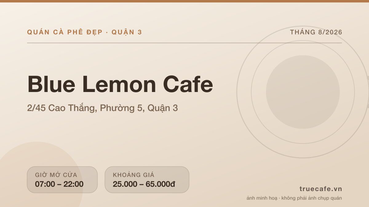 Card thông tin quán cà phê Blue Lemon Cafe tại 2/45 Cao Thắng, Phường 5, Quận 3, mở cửa 07:00 – 22:00, khoảng giá 25.000 – 65.000đ
