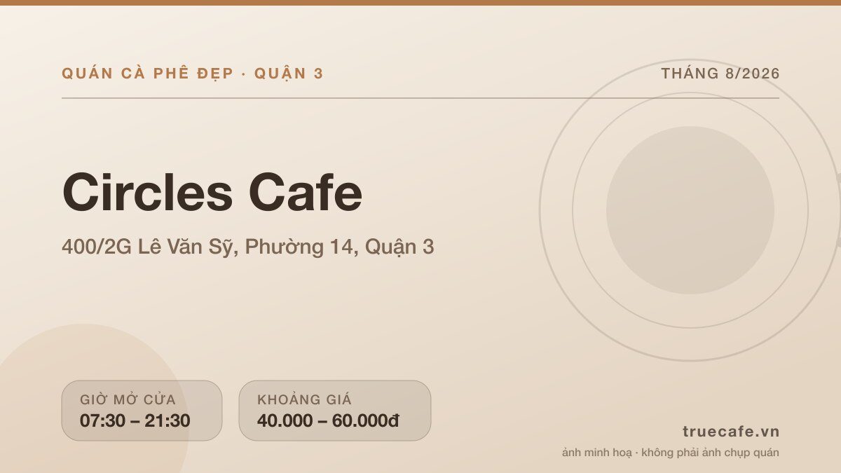 Card thông tin quán cà phê Circles Cafe tại 400/2G Lê Văn Sỹ, Phường 14, Quận 3, mở cửa 07:30 – 21:30, khoảng giá 40.000 – 60.000đ