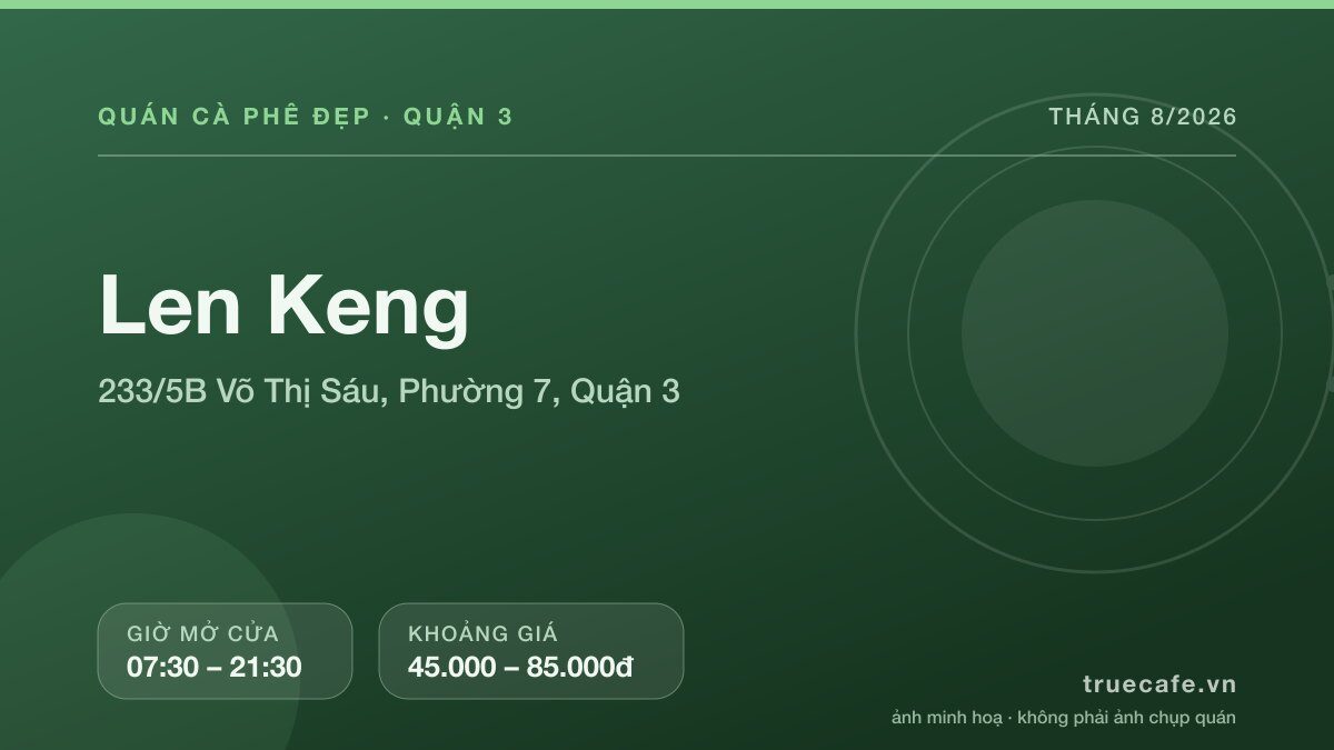 Card thông tin quán cà phê Len Keng tại 233/5B Võ Thị Sáu, Phường 7, Quận 3, mở cửa 07:30 – 21:30, khoảng giá 45.000 – 85.000đ