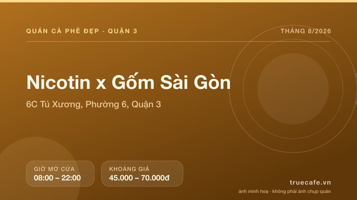 Card thông tin quán cà phê Nicotin x Gốm Sài Gòn tại 6C Tú Xương, Phường 6, Quận 3, mở cửa 08:00 – 22:00, khoảng giá 45.000 – 70.000đ