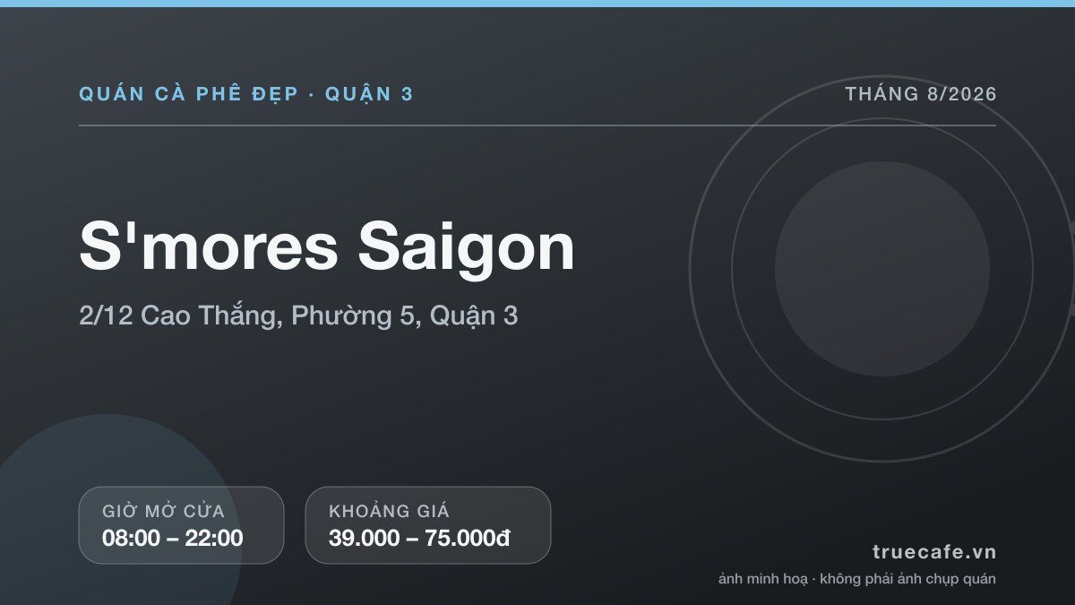 Card thông tin quán cà phê S'mores Saigon tại 2/12 Cao Thắng, Phường 5, Quận 3, mở cửa 08:00 – 22:00, khoảng giá 39.000 – 75.000đ