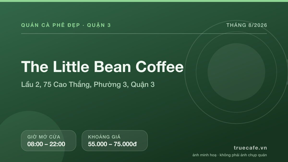 Card thông tin quán cà phê The Little Bean Coffee tại Lầu 2, 75 Cao Thắng, Phường 3, Quận 3, mở cửa 08:00 – 22:00, khoảng giá 55.000 – 75.000đ