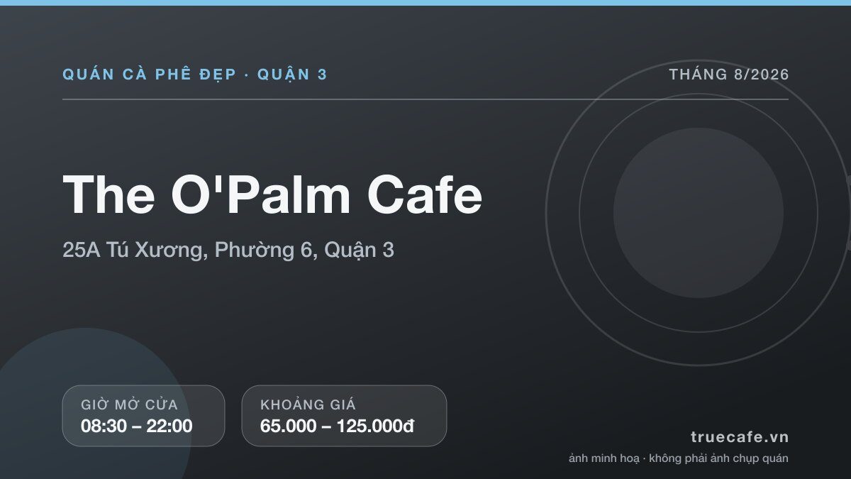 Card thông tin quán cà phê The O'Palm Cafe tại 25A Tú Xương, Phường 6, Quận 3, mở cửa 08:30 – 22:00, khoảng giá 65.000 – 125.000đ