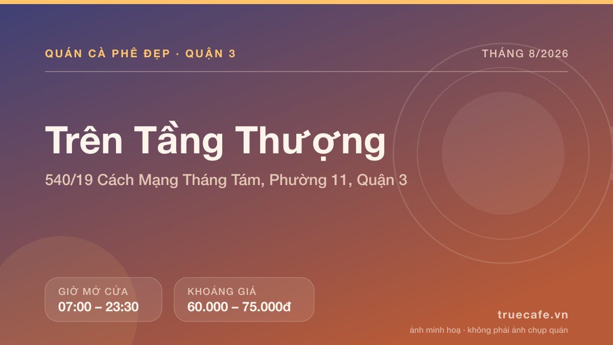 Card thông tin quán cà phê Trên Tầng Thượng tại 540/19 Cách Mạng Tháng Tám, Phường 11, Quận 3, mở cửa 07:00 – 23:30, khoảng giá 60.000 – 75.000đ