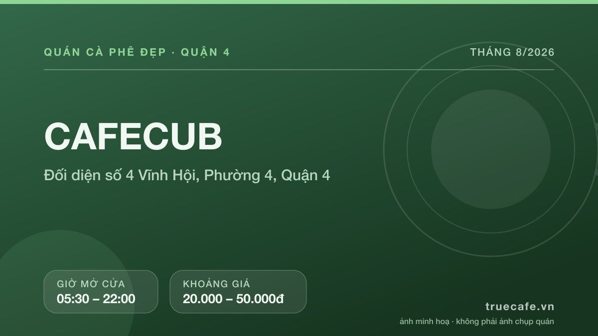 Card thông tin quán cà phê CAFECUB tại Đối diện số 4 Vĩnh Hội, Phường 4, Quận 4, mở cửa 05:30 – 22:00, khoảng giá 20.000 – 50.000đ