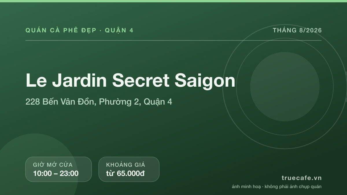 Card thông tin quán cà phê Le Jardin Secret Saigon tại 228 Bến Vân Đồn, Phường 2, Quận 4, mở cửa 10:00 – 23:00, khoảng giá từ 65.000đ