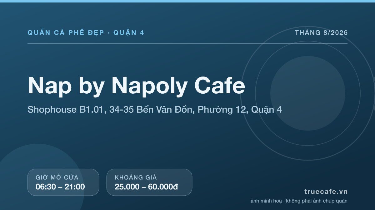 Card thông tin quán cà phê Nap by Napoly Cafe tại Shophouse B1.01, 34-35 Bến Vân Đồn, Phường 12, Quận 4, mở cửa 06:30 – 21:00, khoảng giá 25.000 – 60.000đ