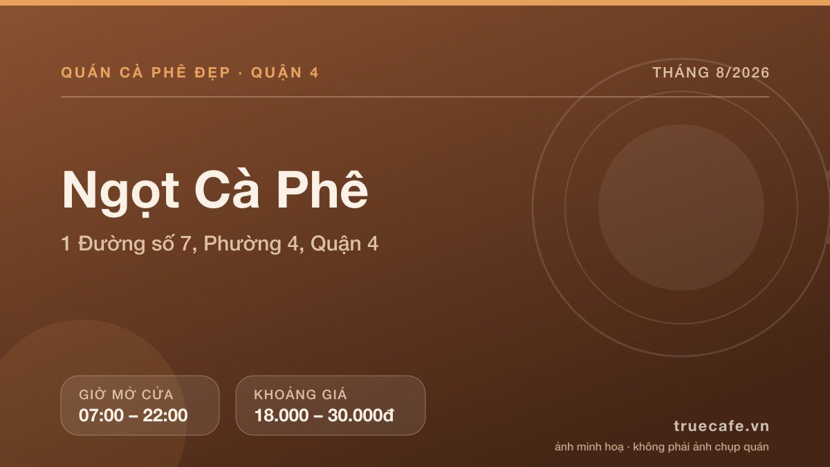 Card thông tin quán cà phê Ngọt Cà Phê tại 1 Đường số 7, Phường 4, Quận 4, mở cửa 07:00 – 22:00, khoảng giá 18.000 – 30.000đ