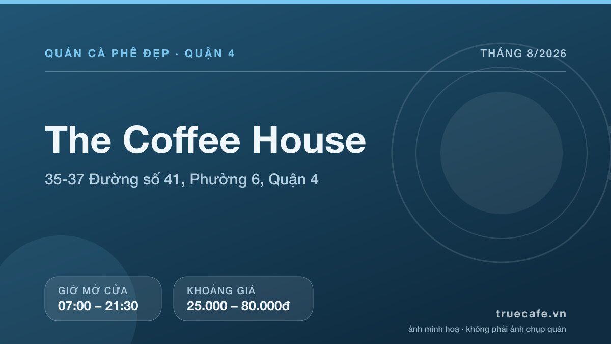 Card thông tin quán cà phê The Coffee House tại 35-37 Đường số 41, Phường 6, Quận 4, mở cửa 07:00 – 21:30, khoảng giá 25.000 – 80.000đ