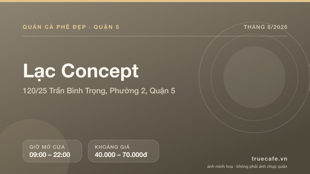 Card thông tin quán cà phê Lạc Concept tại 120/25 Trần Bình Trọng, Phường 2, Quận 5, mở cửa 09:00 – 22:00, khoảng giá 40.000 – 70.000đ Card thông tin quán cà phê Lạc Concept tại 120/25 Trần Bình Trọng, Phường 2, Quận 5, mở cửa 09:00 – 22:00, khoảng giá 40.000 – 70.000đ