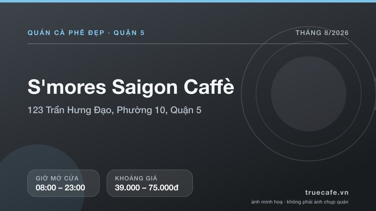 Card thông tin quán cà phê S Card thông tin quán cà phê S'mores Saigon Caffè tại 123 Trần Hưng Đạo, Phường 10, Quận 5, mở cửa 08:00 – 23:00, khoảng giá 39.000 – 75.000đ